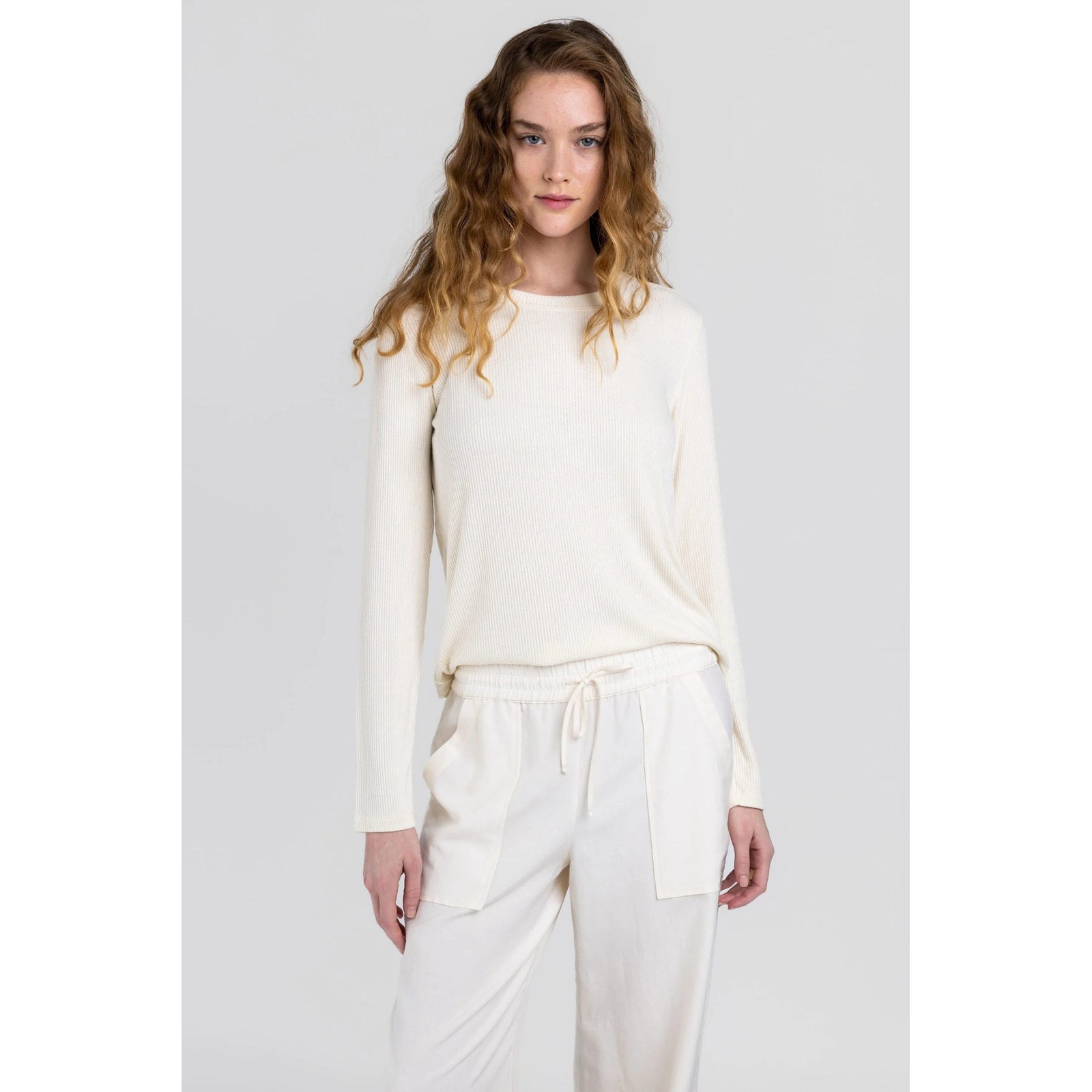 Sablyn Cream Ivory Ribbed Knit Long Sleeve Crew Neck Top Tee